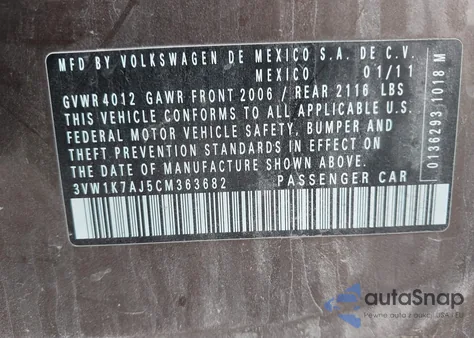 2012 Volkswagen Jetta 2.0L S from USA, damaged, VIN 3VW1K7AJ5CM363682